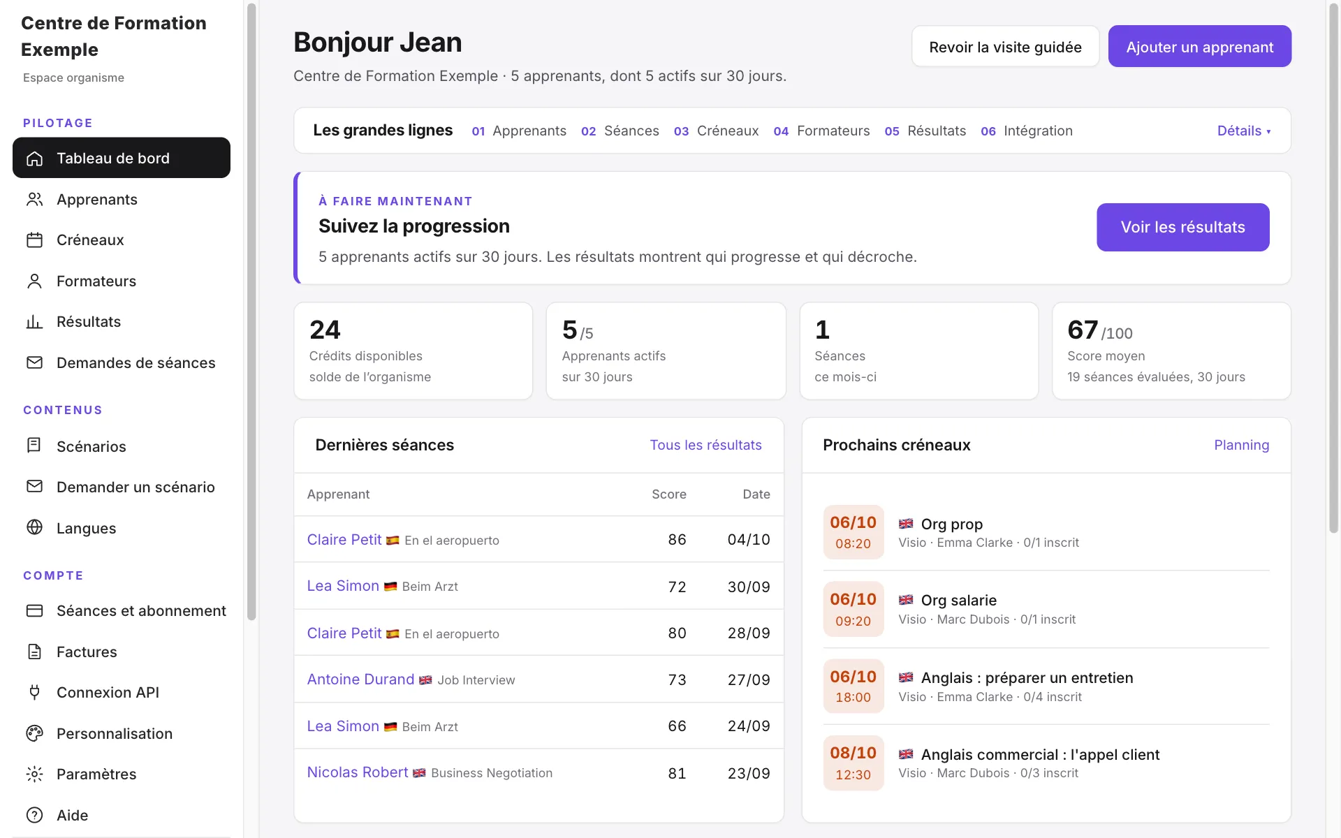 Tableau de bord d’un organisme de formation : crédits disponibles, apprenants actifs, score moyen, dernières séances et prochains créneaux de visio (données de démonstration).
